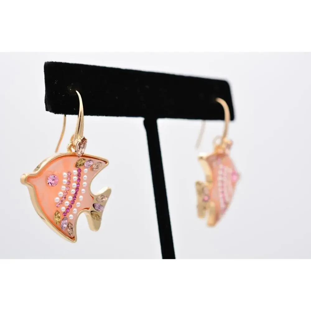 Angel Fish Dangle Earrings Pink Rhinestone Crystal Gold Beach Summer Y2K BinAE